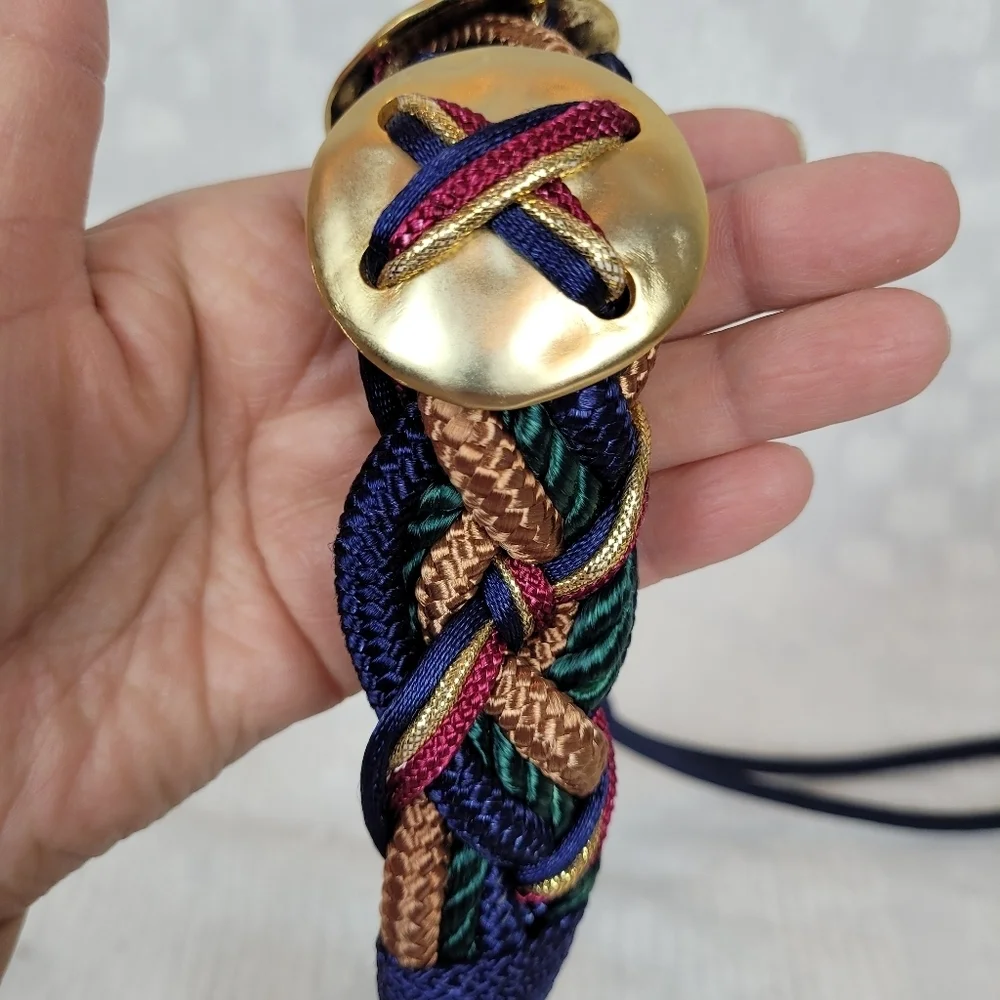 Vintage 80's navy maroon green gold braid woven belt three circle gold accents M